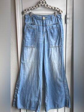 Anthropologie PILCRO High Rise Wide Leg Chambray Utility Snap Button Jeans 28